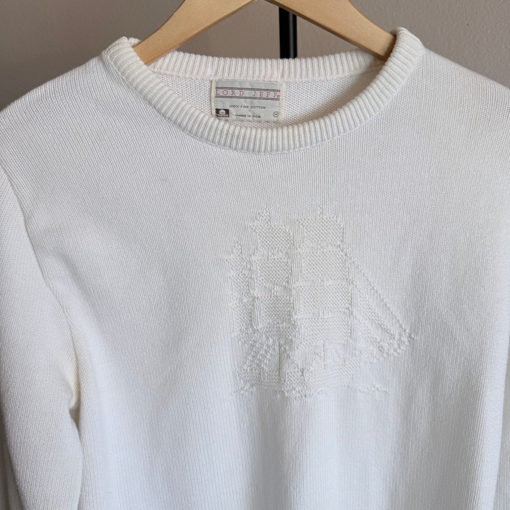Vintage Sailboat Sweater Lord Jeff White Cotton Knit Womens Medium Made in USA